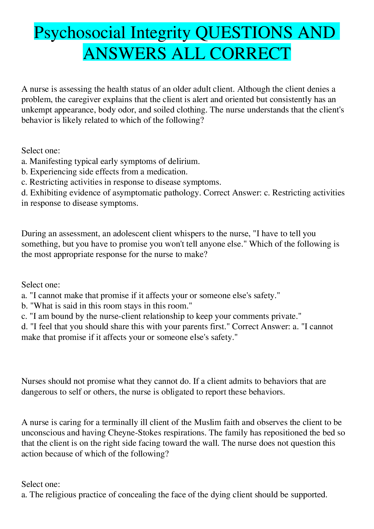 Psychosocial Integrity QUESTIONS AND ANSWERS ALL CORRECT Browsegrades